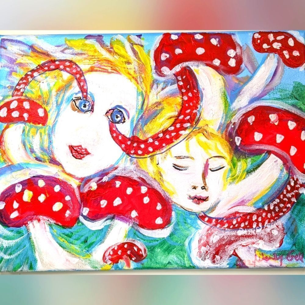 Wendy Gell art, painting angels and mushrooms. Pop art fun.